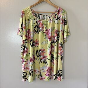 Croft & Barrow Floral Peasant Blouse Yellow Pink Textured Short Sleeve Top Sz 4X